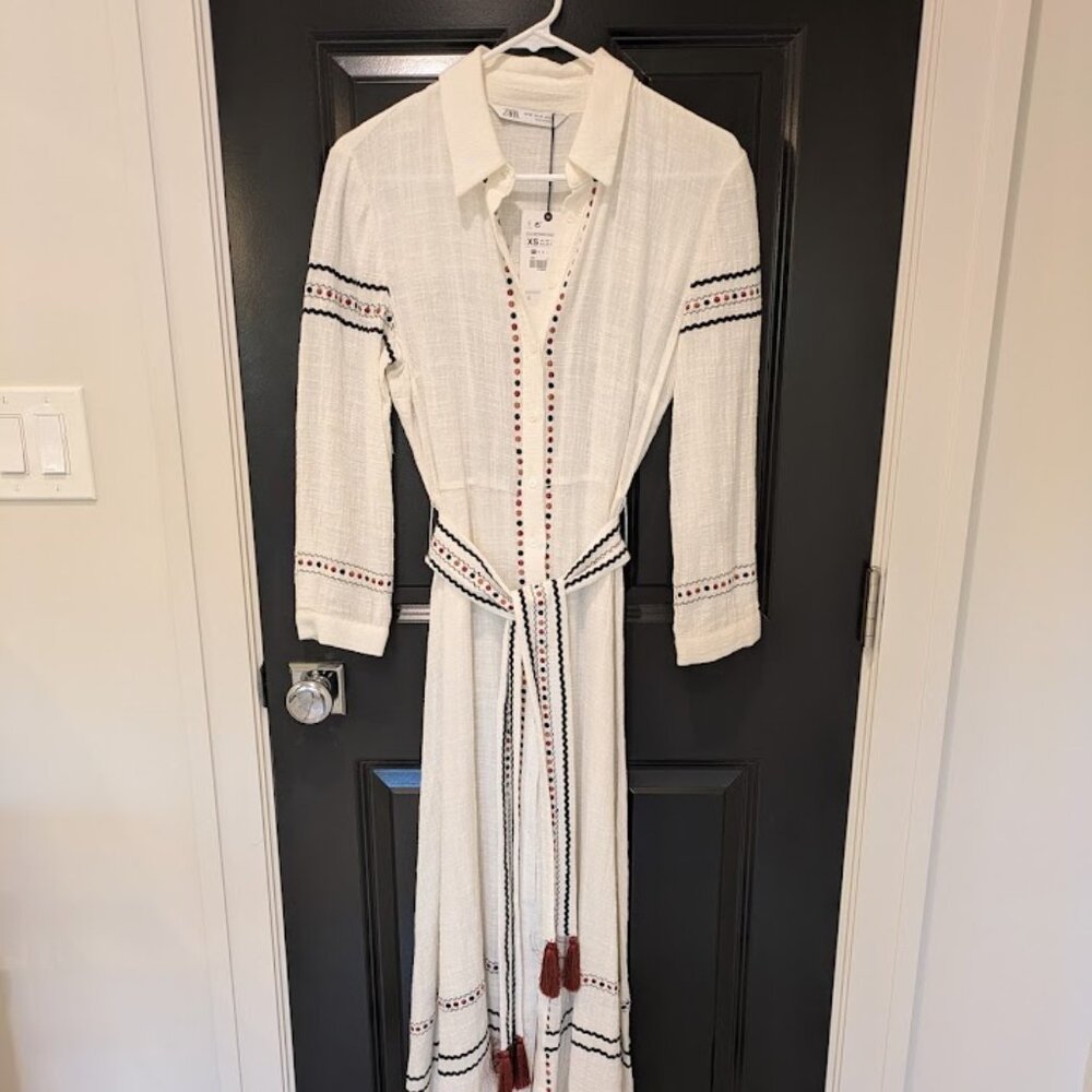 Zara White Embroidered Shirt Dress With Tasselled Belt XS